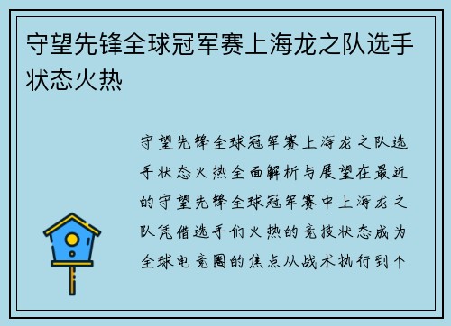 守望先锋全球冠军赛上海龙之队选手状态火热